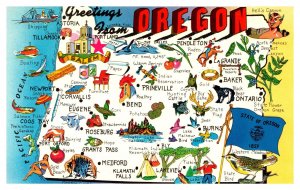 Postcard OR Map -Greetings from Oregon - map tourist attractions state flower