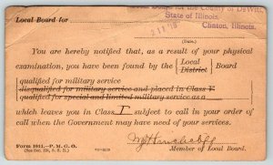 1918 WW1  Clinton  Illinois  Draft Approval Class I   Postcard