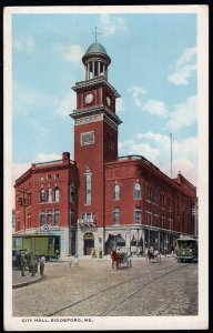 ME City Hall BIDDEFORD with horses/wagons and Street Car - White Border