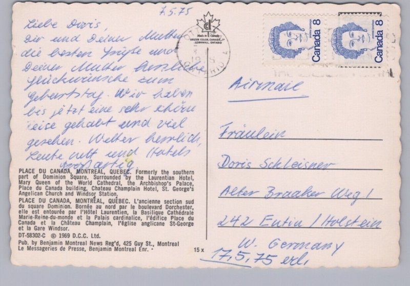 Place du Canada, Montreal, Quebec, 1969 Chrome Postcard