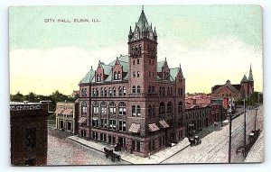 ELGIN, IL Illinois ~ Street Scene CITY HALL  c1910s Cook or Kane County Postcard