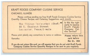 c1954 Kraft Foods Company Cuisine Service Chicago Illinois Advertising Postcard