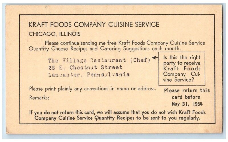 c1954 Kraft Foods Company Cuisine Service Chicago Illinois Advertising Postcard