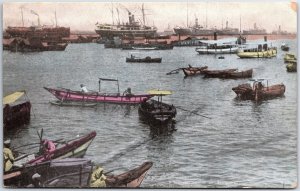 VINTAGE POSTCARD HAND-COLORED BOAT SCENE ON COLOMBO HARBOR CEYLON c. 1910-15