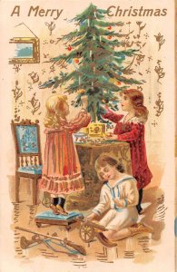 Christmas Greetings Children Decorating Tree Boy with Toy Gun Cannon PC AA15950