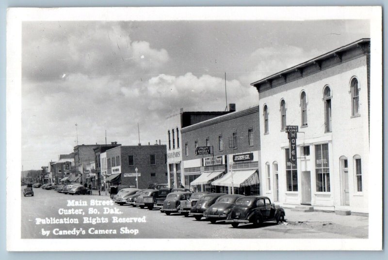 Custer South Dakota SD Postcard RPPC Photo Main Street Hotel Restwell Court Cars