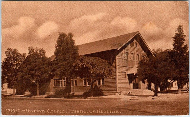 FRESNO, CA California  UNITARIAN CHURCH  1912  PPIE  Cancel  Sepia  Postcard