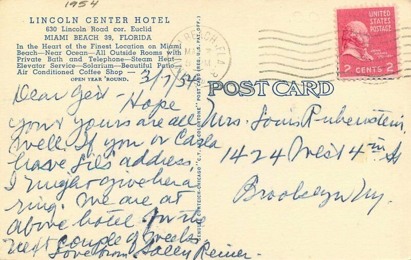 Miami Beach Florida Lincoln Center Hotel 1954 Teich roadside Postcard 21-9611