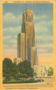 Pittsburgh PA Cathedral of Learning & Foster Memorial 1954 Linen Postcard Used
