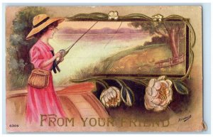 c1910's Pretty Woman Fishing From Your Friend Flowers Reynolds Embossed Postcard