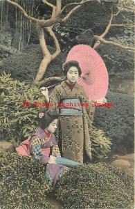 Japanese Geishas in Ethnic Folklore Costume, Umbrella, Hand Colored