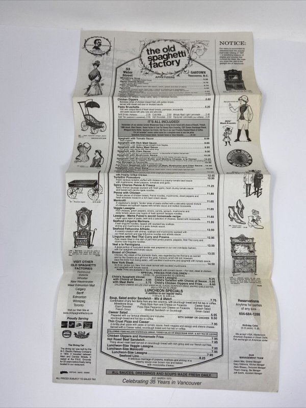Vintage The Old Spaghetti Factory Paper Menu Gastown Vancouver BC Canada 