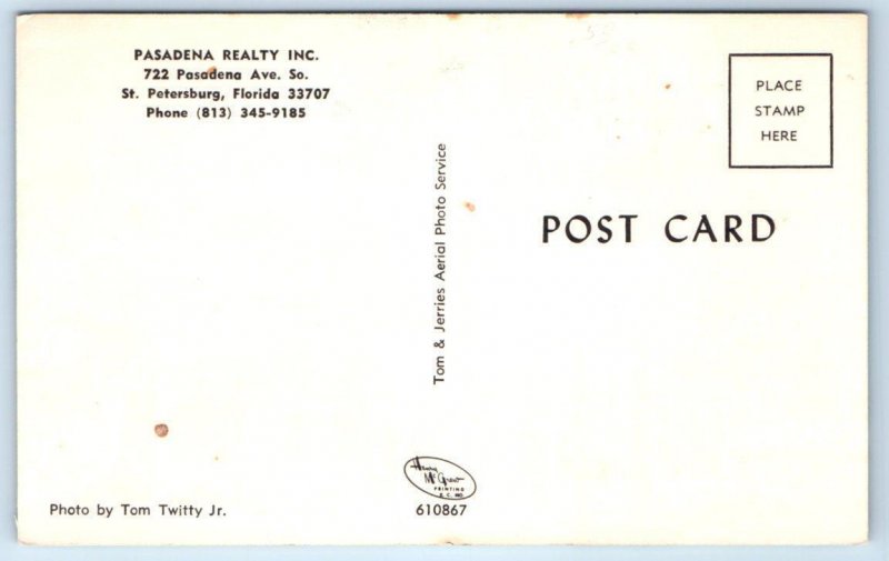 ST. PETERSBURG, Florida FL ~ Advertising PASADENA REALTY ca 1960s Postcard