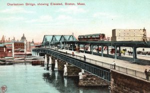 Vintage Postcard Charlestown Bridge Showing Elevated Boston Massachusetts MA