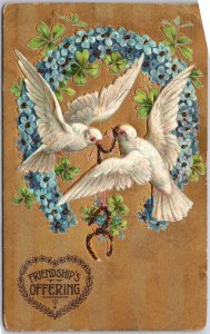 Friendship Offering, Two White Doves & Forget Me Knots Flowers, Vintage Postcard