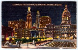 1930's BALTIMORE MARYLAND CITY HALL BUSINESS SECTION AT NIGHT LINEN POSTCARD
