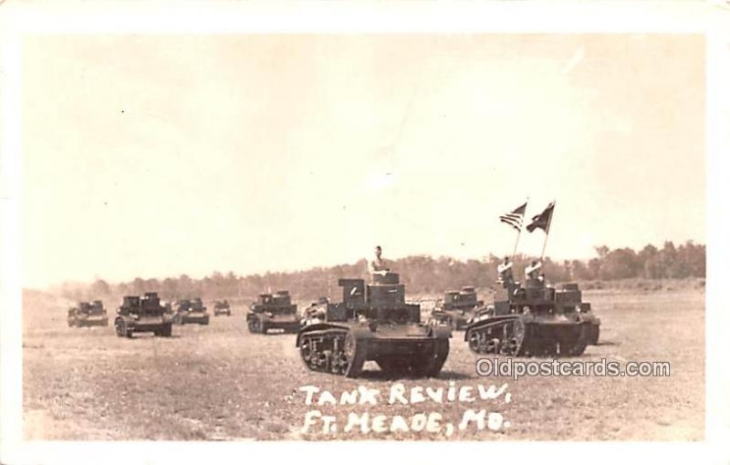 Tank Review, Ft Meade, MD Military Real Photo Soldier Stamp glue on back inde...