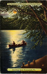 Greetings Kennerdell PA Pennsylvania Moonlight Canoe VTG Postcard Linen PM WOB 