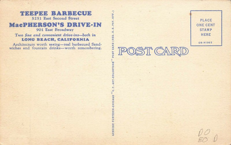 Long Beach CA The Pee Barbecue Mac Pherson's Drive-In Duo Linen Postcard 