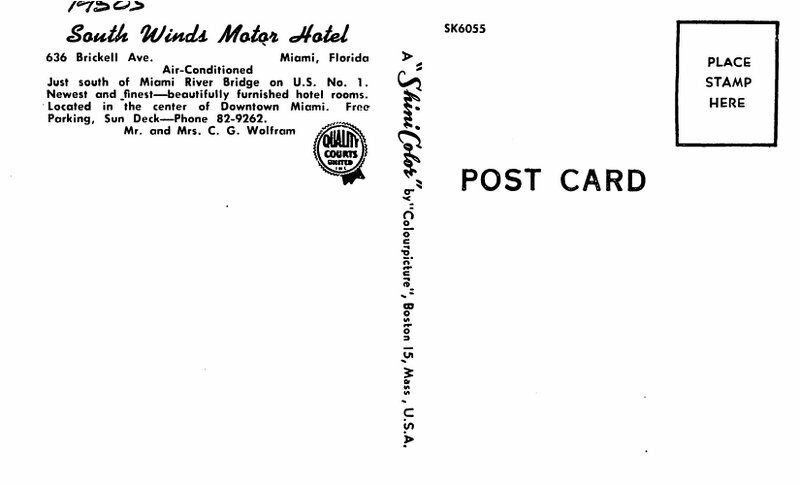 Autos Miami Florida South Winds Motor Hotel 1950s Postcard Colorpicture 20-7084