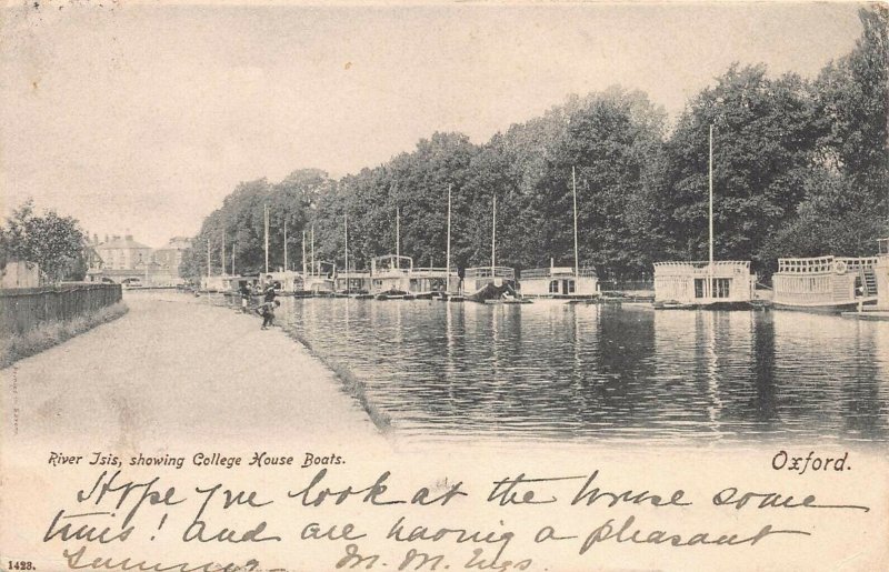 River Isis, Showing College House Boats, Oxford, England, 1903 Postcard