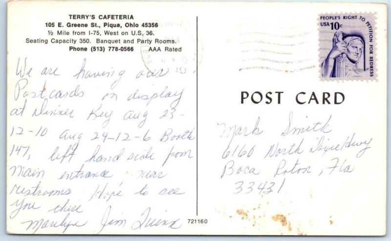 PIQUA, Ohio  OH    Roadside  TERRY'S CAFETERIA  Interior Views    Postcard