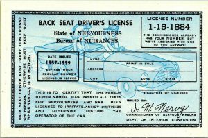 Vintage 1957 Back Seat Driver's License Comedy Funny Postcard