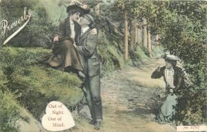 British proverbs early postcard  Out of Sight out of Mind  lovers kiss