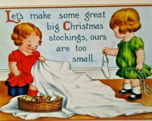 Christmas Postcard Whitney Children With Scissors Make Big Stockings Vintage