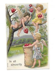 'In All Sincerity' un-mailed Cherub & Hearts Greeting Post Card Embossed Germany