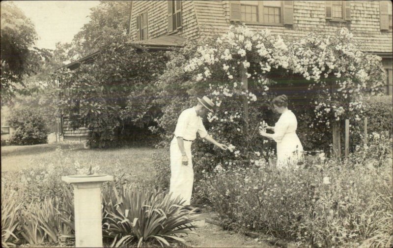 Husband Wife in Flower Garden Candid Amateur Real Photo Postcard c1920