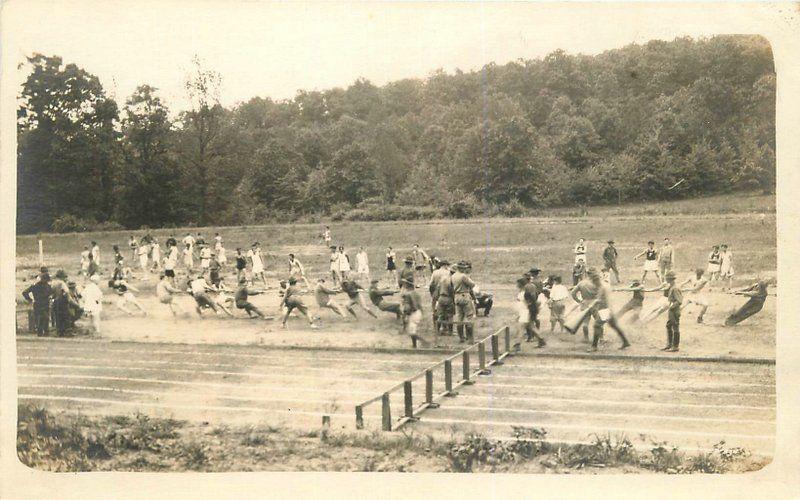 C-1918 Military Tug of War sports Track RPPC Real photo postcard 10588