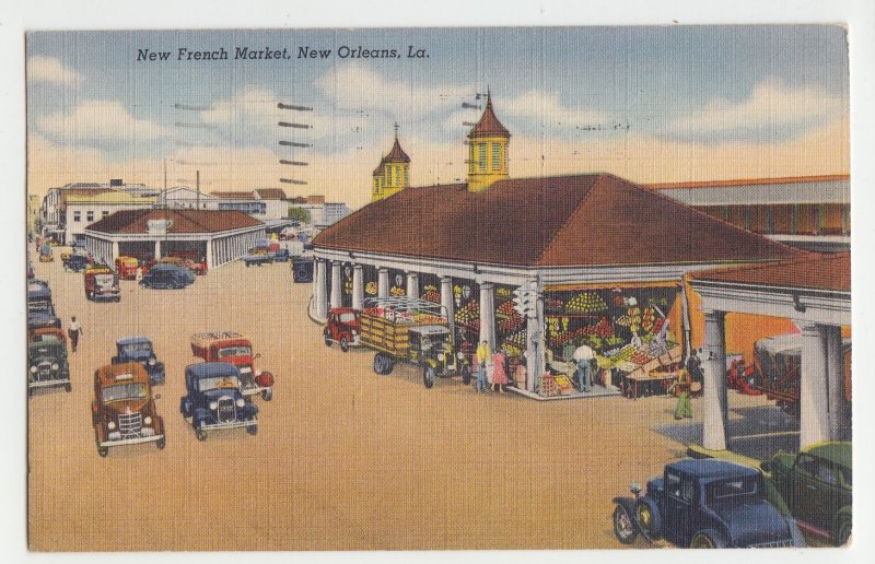 P2803, 1945 postcard old trucks cars new french market new orleans LA scene