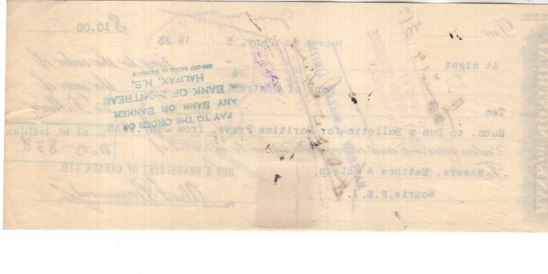 Bank  Montreal Cheque with Stamps 1935 Dun and Bradstreet, Check