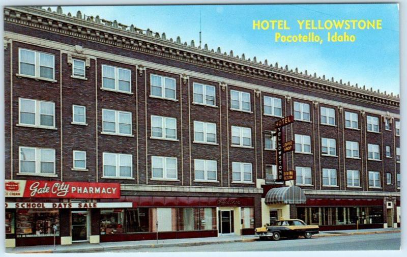 POCATELLO, Idaho  ID   Roadside  HOTEL YELLOWSTONE  Cab, Taxi ~ c1950s Postcard