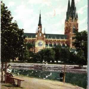 c1910s Uppsala, Sweden Cathedral Gothic Spires Park Lake Bench Clock Tower A344