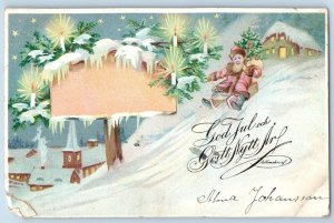 Christmas Postcard Boy Sledding Winter Scene Church Candles c1905 Posted Antique