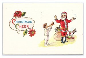 Christmas Cheer Postcard Child With Megaphone Santa Claus Red Robe Rocking Horse