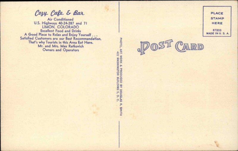 Limon CO Cozy Caf� Bar and Fountain Roadside Linen Vintage Postcard