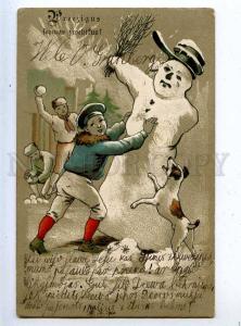 202969 New Year SNOWMAN Jack Russell Terrier Vintage EMBOSSED