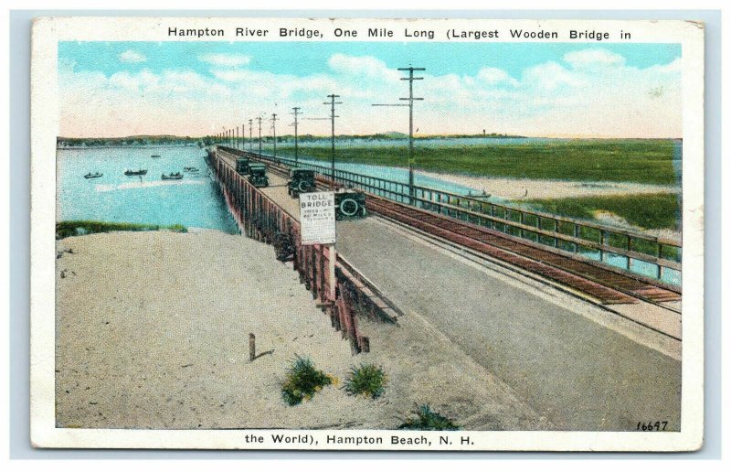 1956 Hampton River Bridge Postcard Largest Wooden Bridge Hampton Beach NH