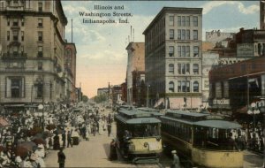Indianapolis IN Illinois & Washington Sts. TROLLEYS c1910 Postcard