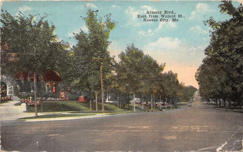 Kansas City Missouri~Armour Boulevard East @ Walnut Street~1919 Postcard