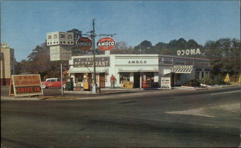 Folkston GA HWY 301 & 1 Amoco Gas Station Vintage Postcard
