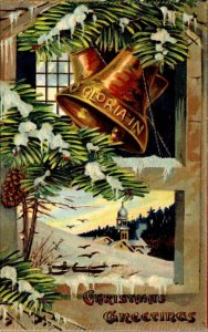 Merry Christmas With Gold Bells and Holly