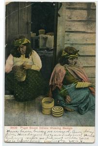 Puget Sound Native American Indians Weaving Baskets Washington 1908 postcard