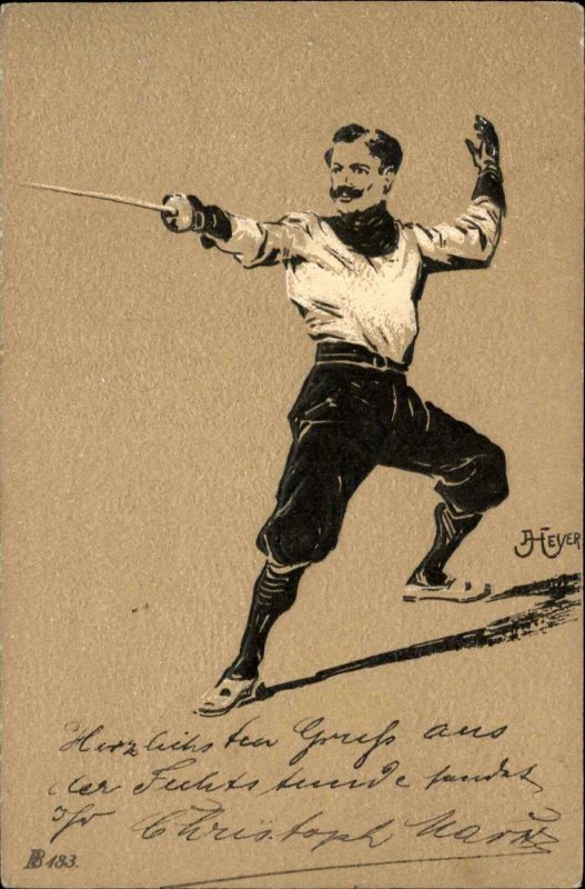 Sport Fencing - Man in Stance w/ Foil or Sabre A HEYER c1905 Postcard