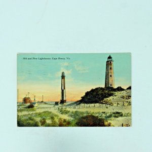 Old and New Lighthouse Cape Henry VA postcard color c1913