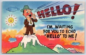 Little Boy Shouting Hello At The Mountain Waiting To Echo Comic Postcard