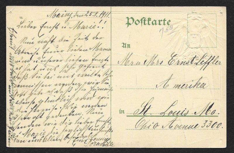GERMANY Stamps on Postcard Embossed Shield Used c1911